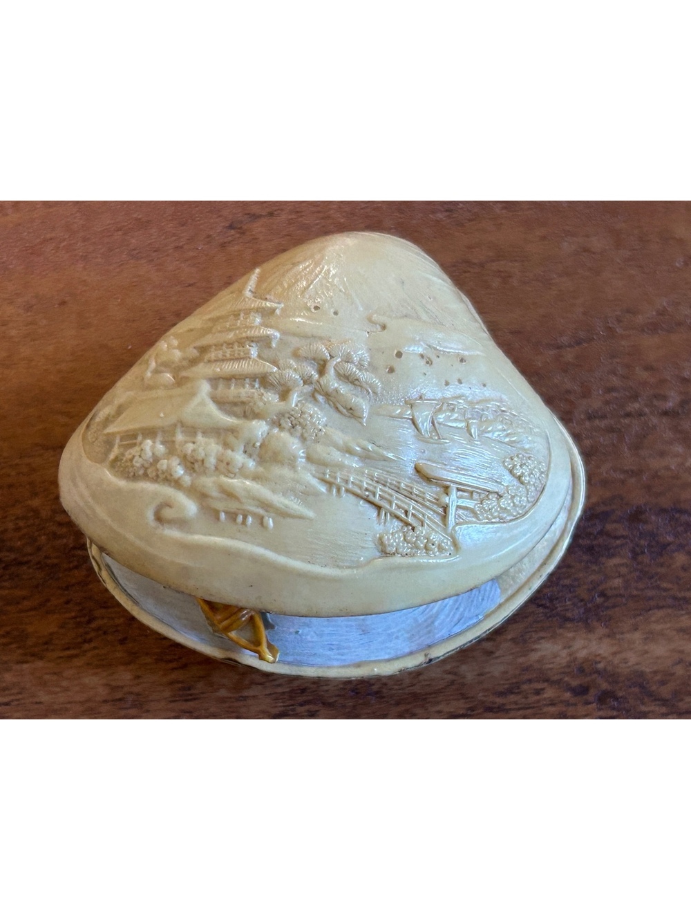 Vintage Japanese Netsuke Style Carved Shell Trinket Box with Miniature Scene